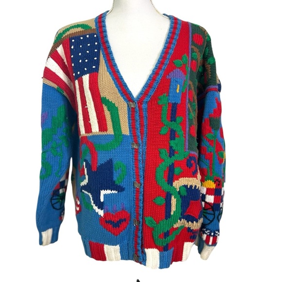 Lisa Coufal Sweaters - Vintage Lisa Coufal Hand Knit 3D Cardigan Women Large Flag USA Train Heart Star